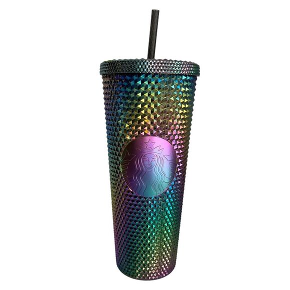 NWT Starbucks OIL SLICK Cold Cup Venti BLACK BLING Tumbler Rainbow Studded 2023 - Picture 1 of 4